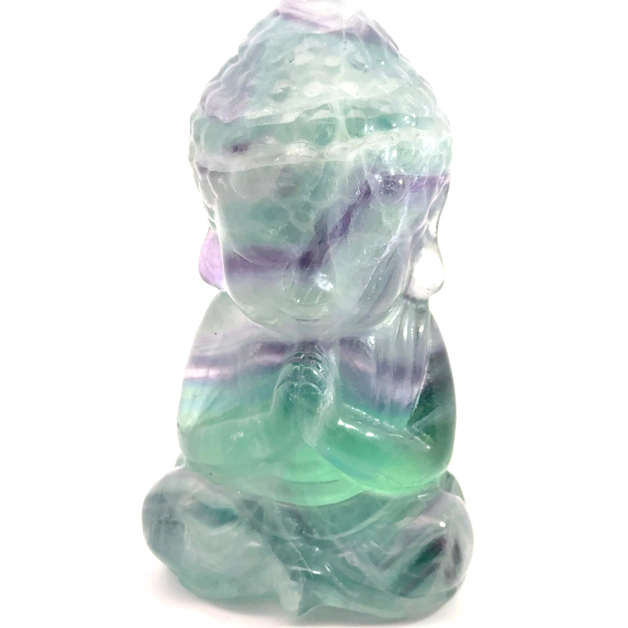 Rainbow Fluorite Buddha Carving on white front side view 