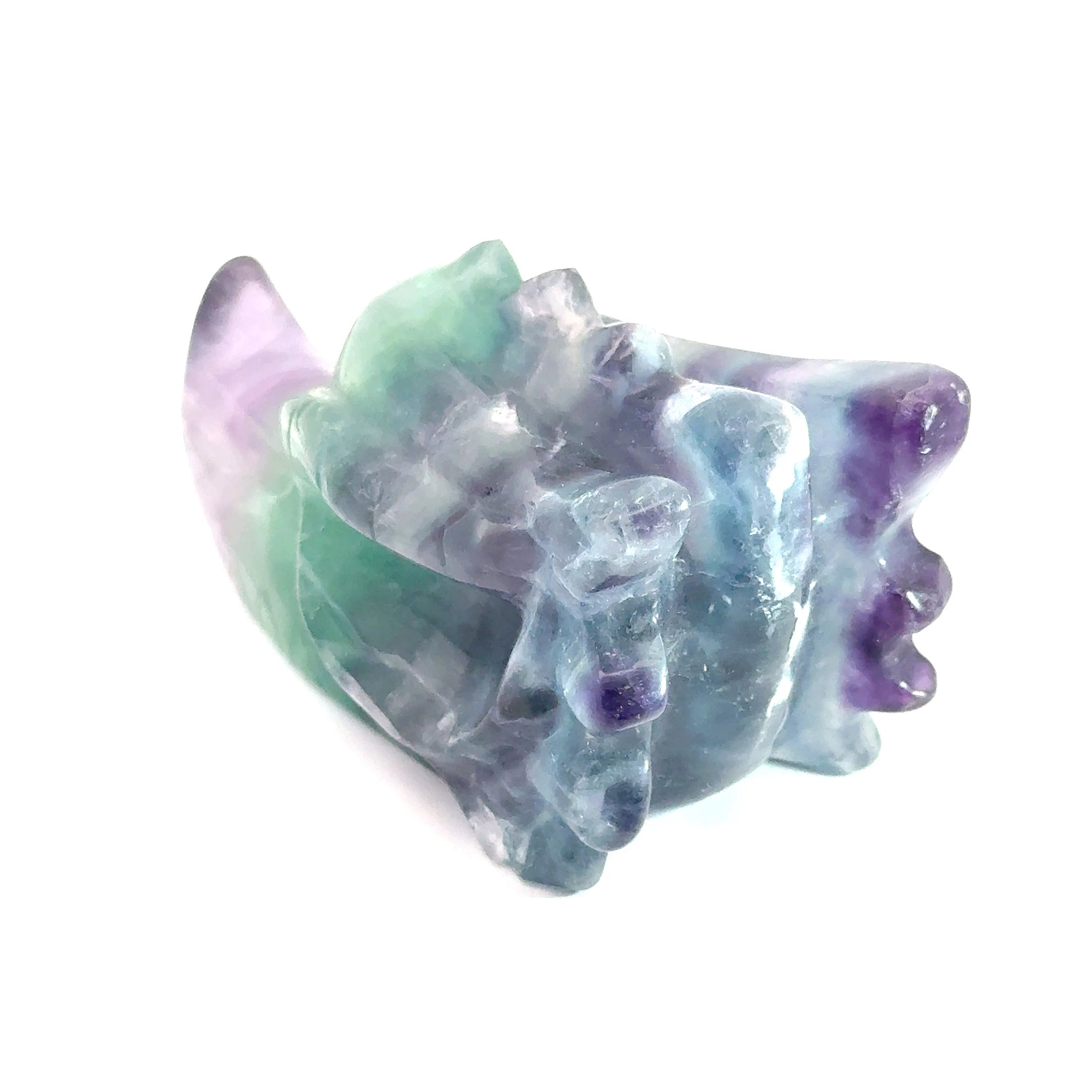 Rainbow Fluorite Gemstone Dragon Head carving (455.3g), on a white background, left angle back view.