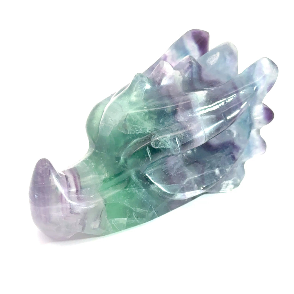 Rainbow Fluorite Gemstone Dragon Head carving (455.3g), on a white background, left angle front close-up view.