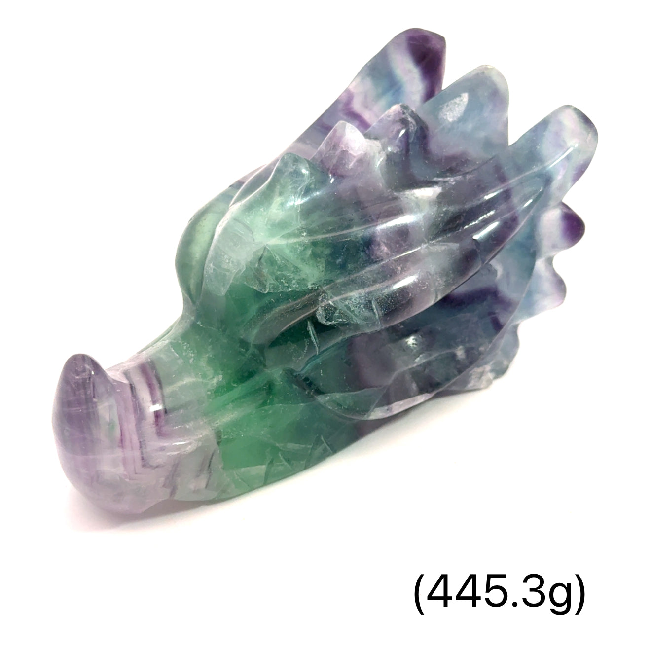 Rainbow Fluorite Gemstone Dragon Head carving (455.3g), on a white background, left angle front view.