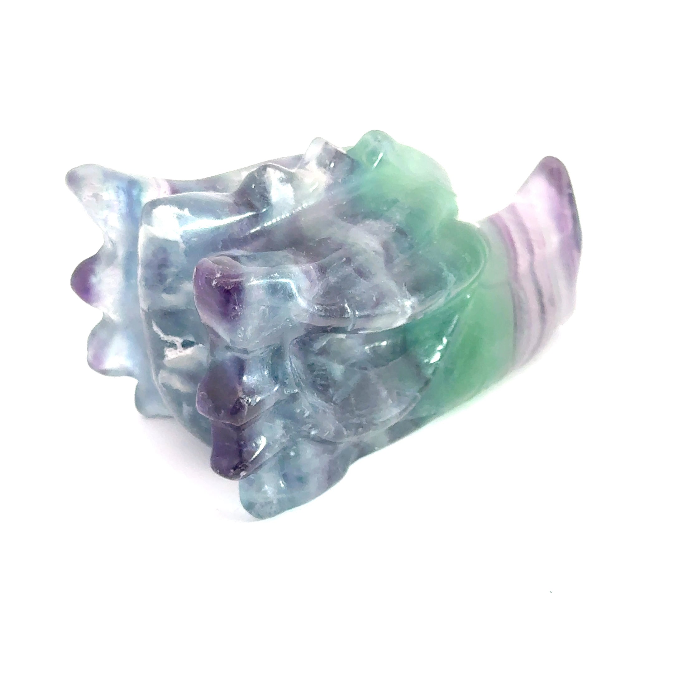 Rainbow Fluorite Gemstone Dragon Head carving (455.3g), on a white background, right angle back view.