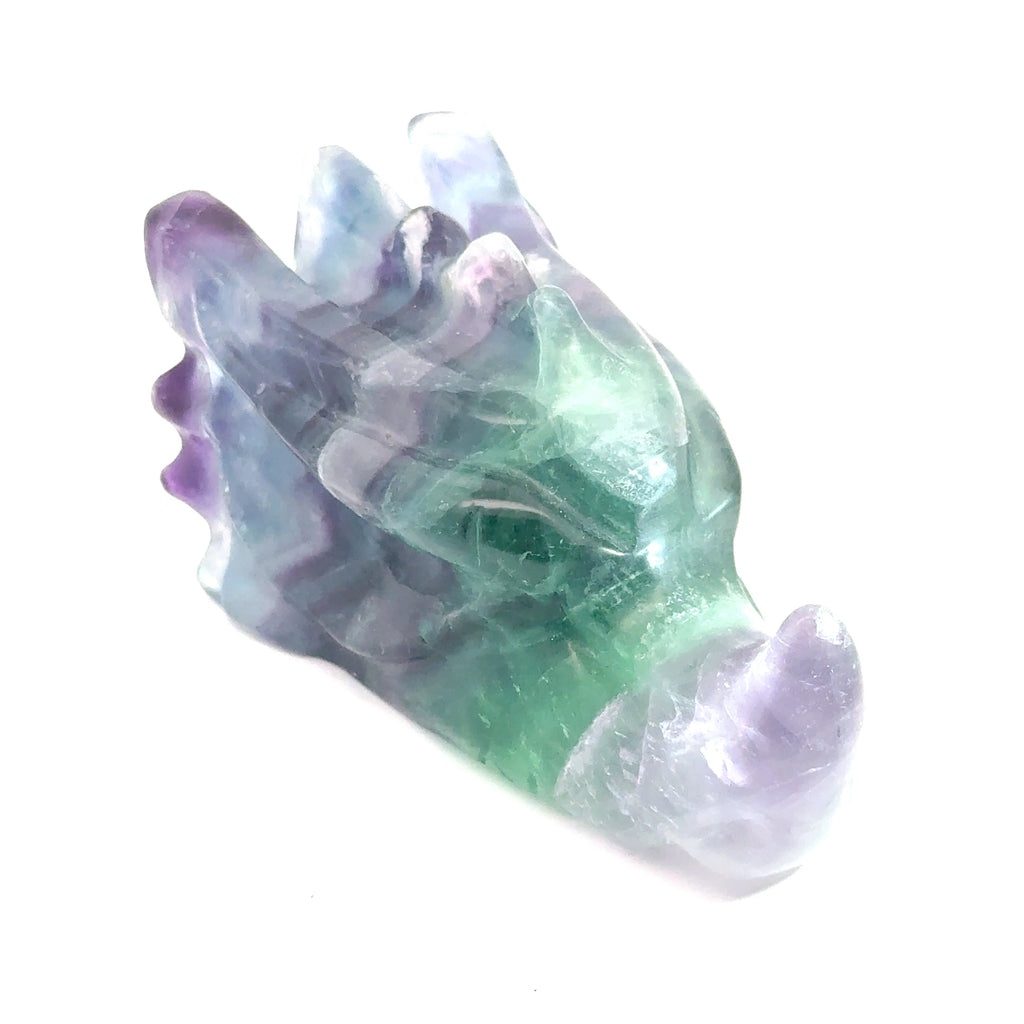 Rainbow Fluorite Gemstone Dragon Head carving (455.3g), on a white background, right angle front view.