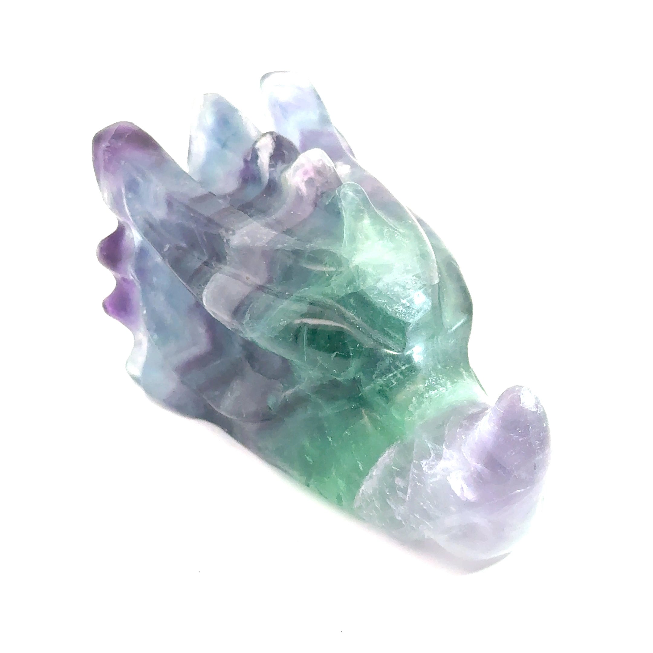 Rainbow Fluorite Gemstone Dragon Head carving (455.3g), on a white background, right angle front view.