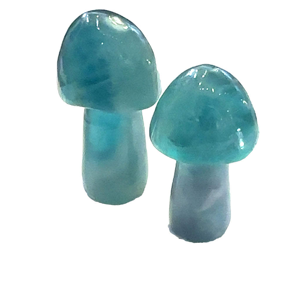 Rainbow Fluorite Gemstone Mushroom Carving grouping of blue on white front center overview