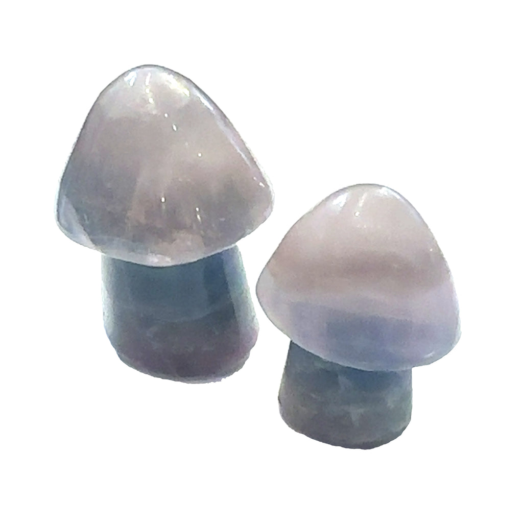 Rainbow Fluorite Gemstone Mushroom Carving grouping of light purple on white front center overview