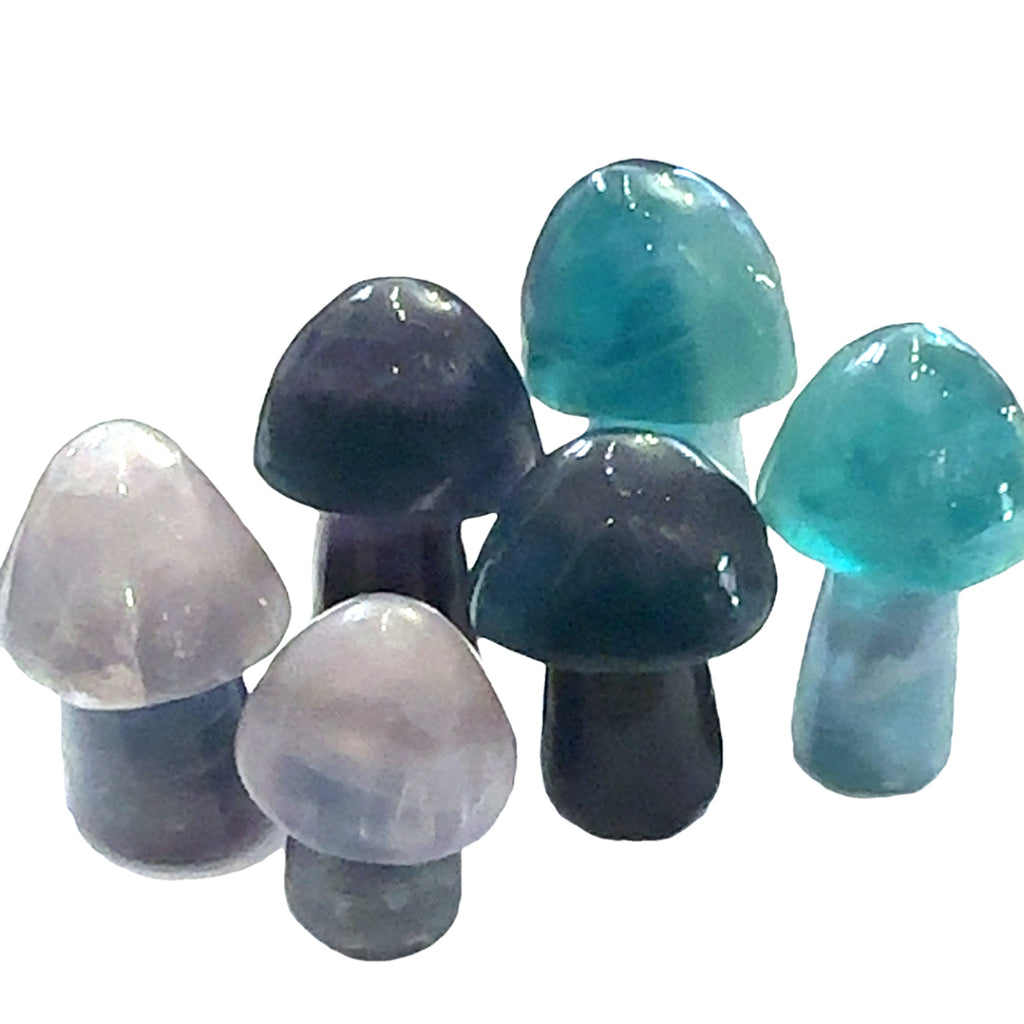Rainbow Fluorite Gemstone Mushroom Carving grouping on white front view