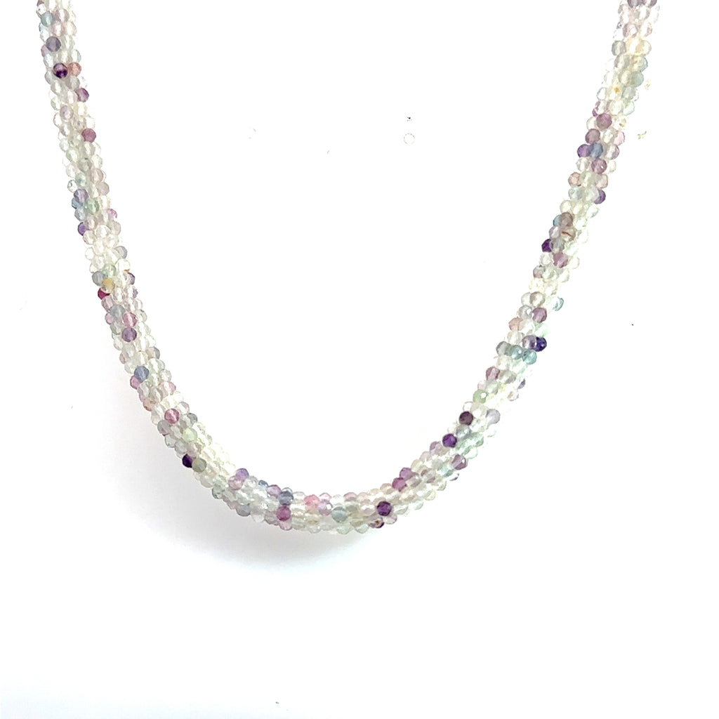 Rainbow Fluorite Gemstone Necklace on white hanging overview