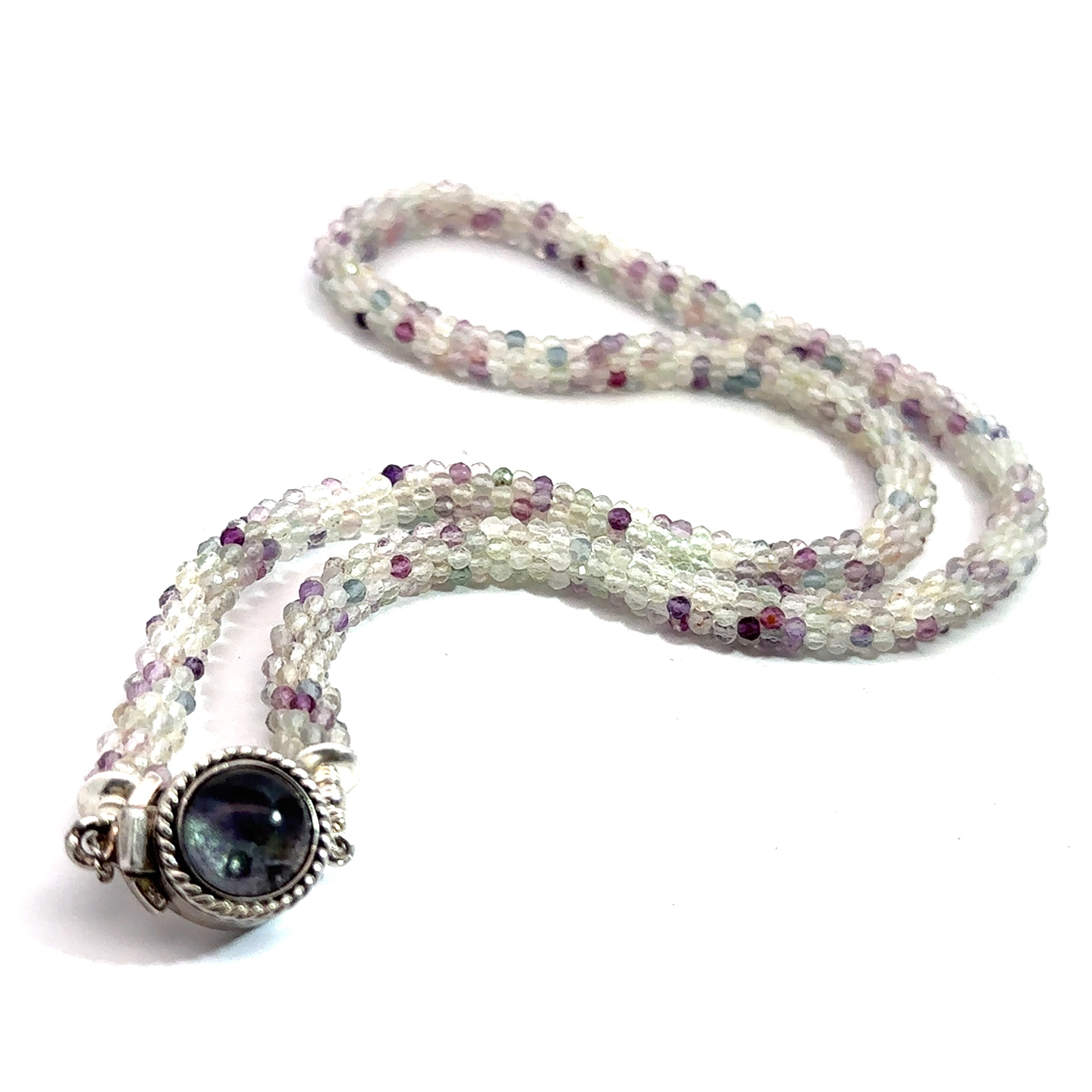 Rainbow Fluorite Gemstone Necklace on white long bottom overview