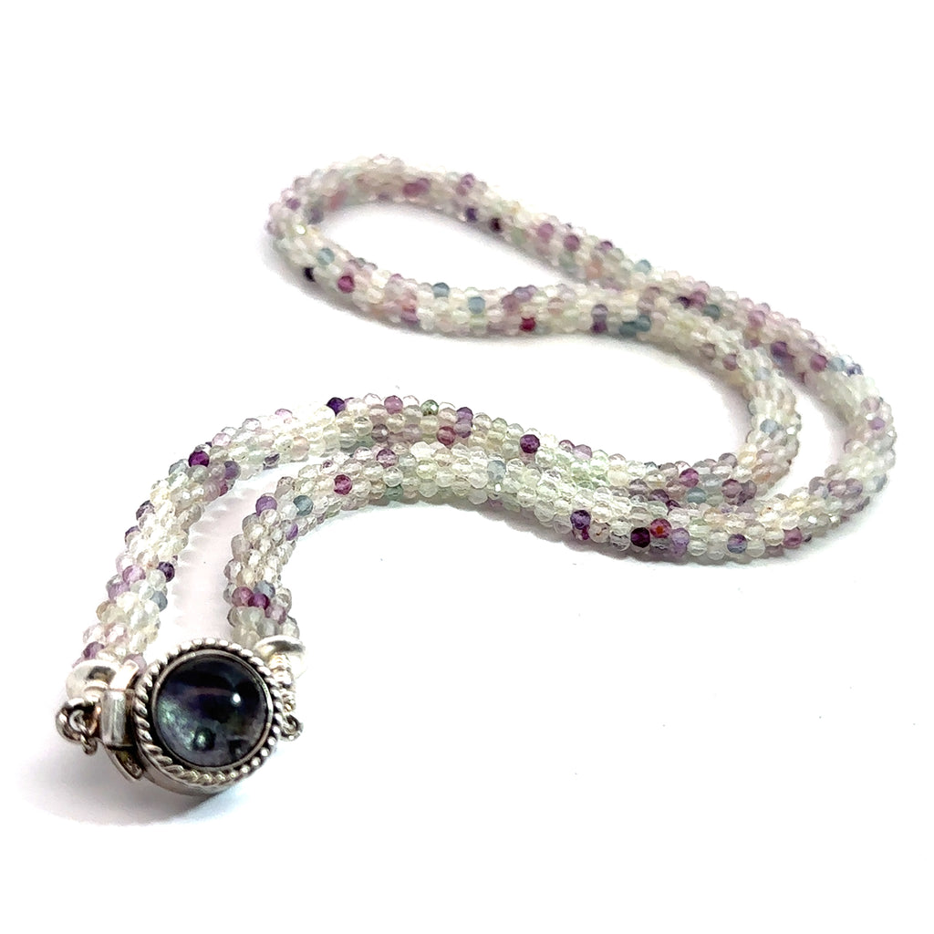 Rainbow Fluorite Gemstone Necklace on white long bottom overview