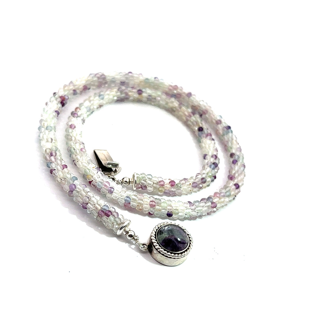 Rainbow Fluorite Gemstone Necklace on white spiral center overview