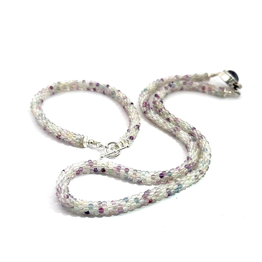 Rainbow Fluorite Gemstone Necklace on white with matching bracelet overview