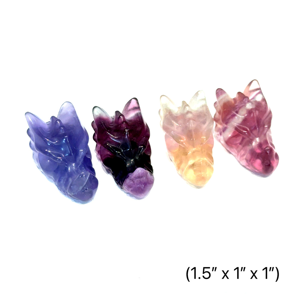 Rainbow Fluorite Mini Dragon Head Carving grouping size 1.5'' x 1'' x 1'' on white front view