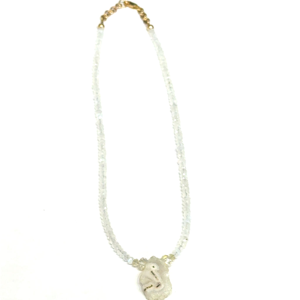 Rainbow Moonstone Necklace – Faceted Gemstone with Solar Quartz on white front long over view