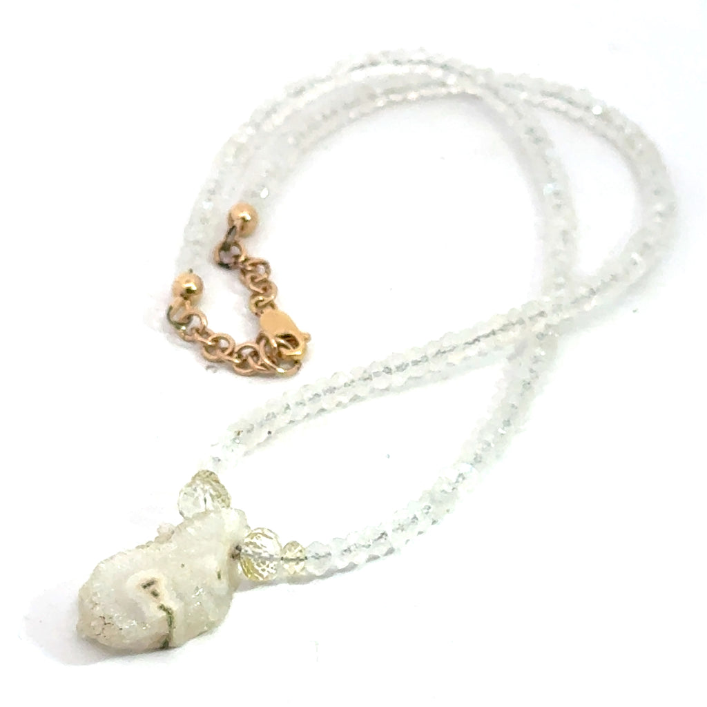 Rainbow Moonstone Necklace – Faceted Gemstone with Solar Quartz on white front over view