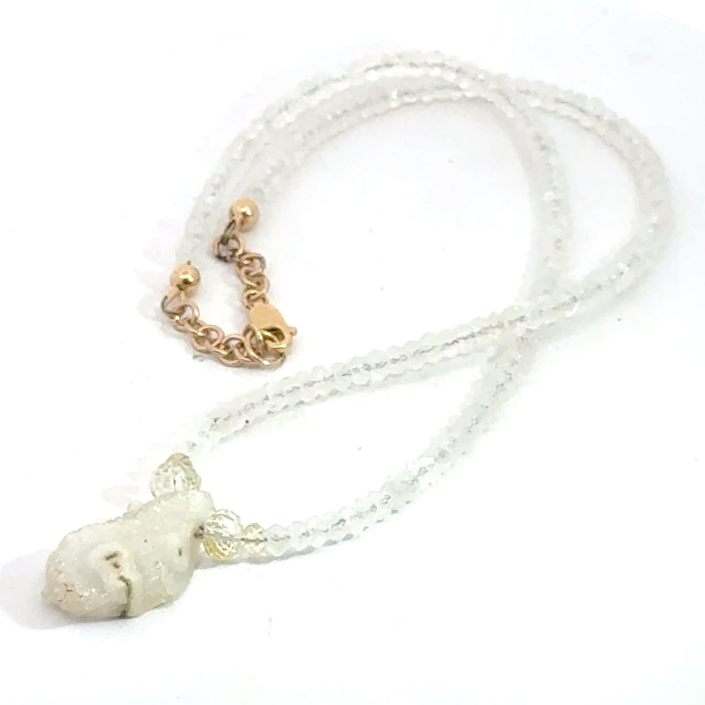 Rainbow Moonstone Necklace – Faceted Gemstone with Solar Quartz on white right angle view