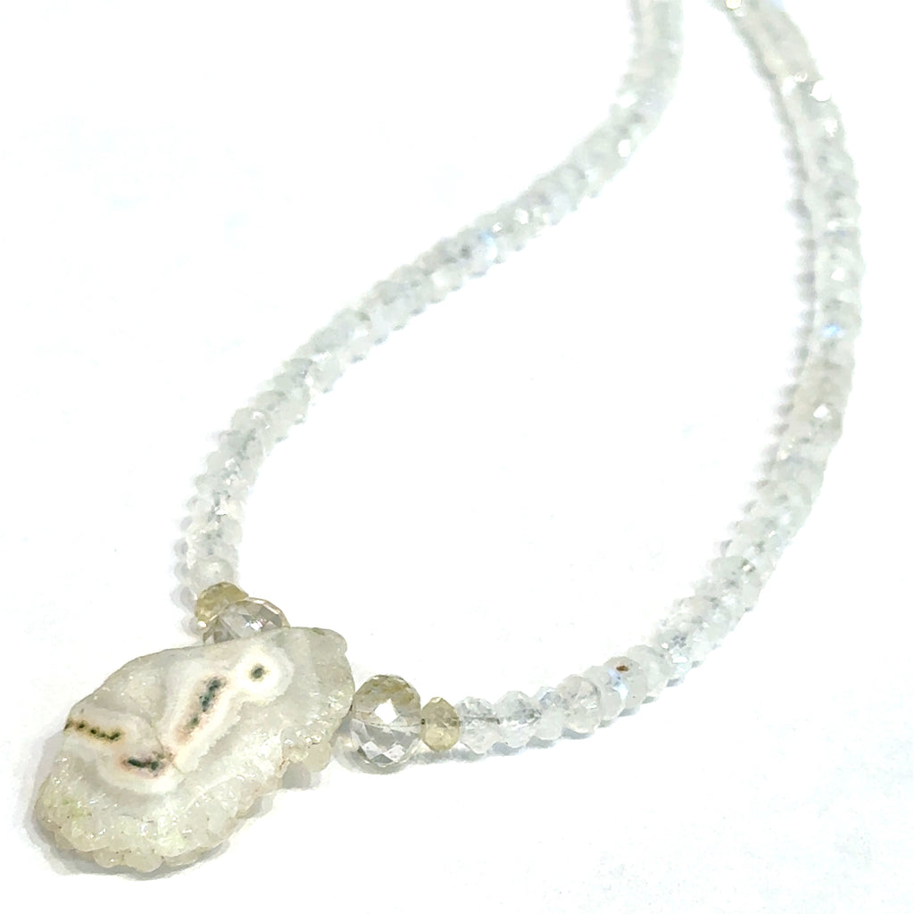 Rainbow Moonstone Necklace – Faceted Gemstone with Solar Quartz on white up close  over view
