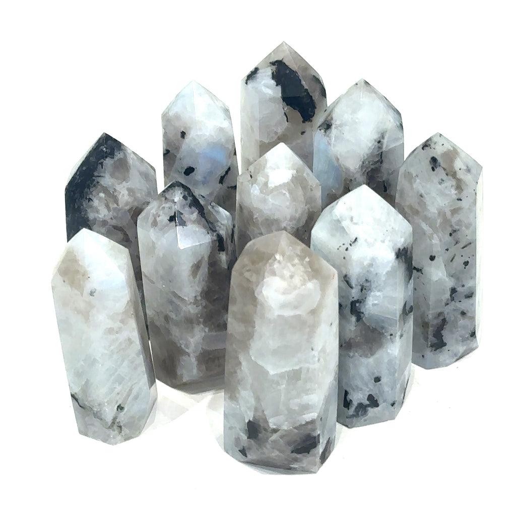 Rainbow Moonstone gemstone tower for intuition, love, and feminine energy grouping on white front overview