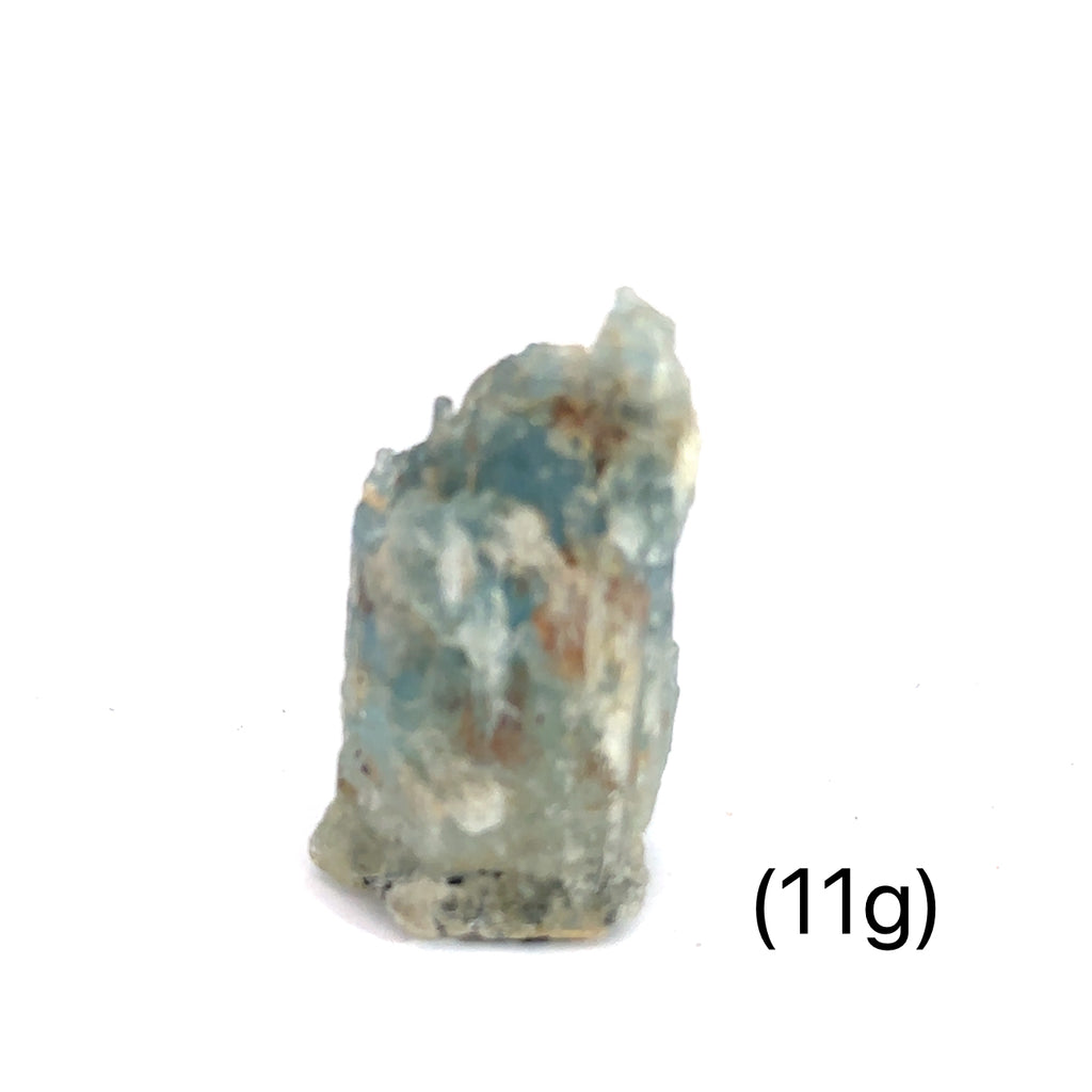 Raw Aquamarine with Schorl Gemstone 11g  on white close up overview