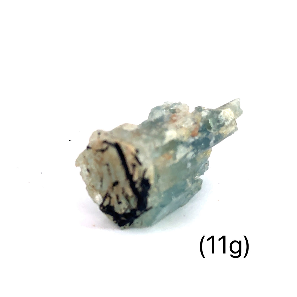 Raw Aquamarine with Schorl Gemstone 11g on white overview 