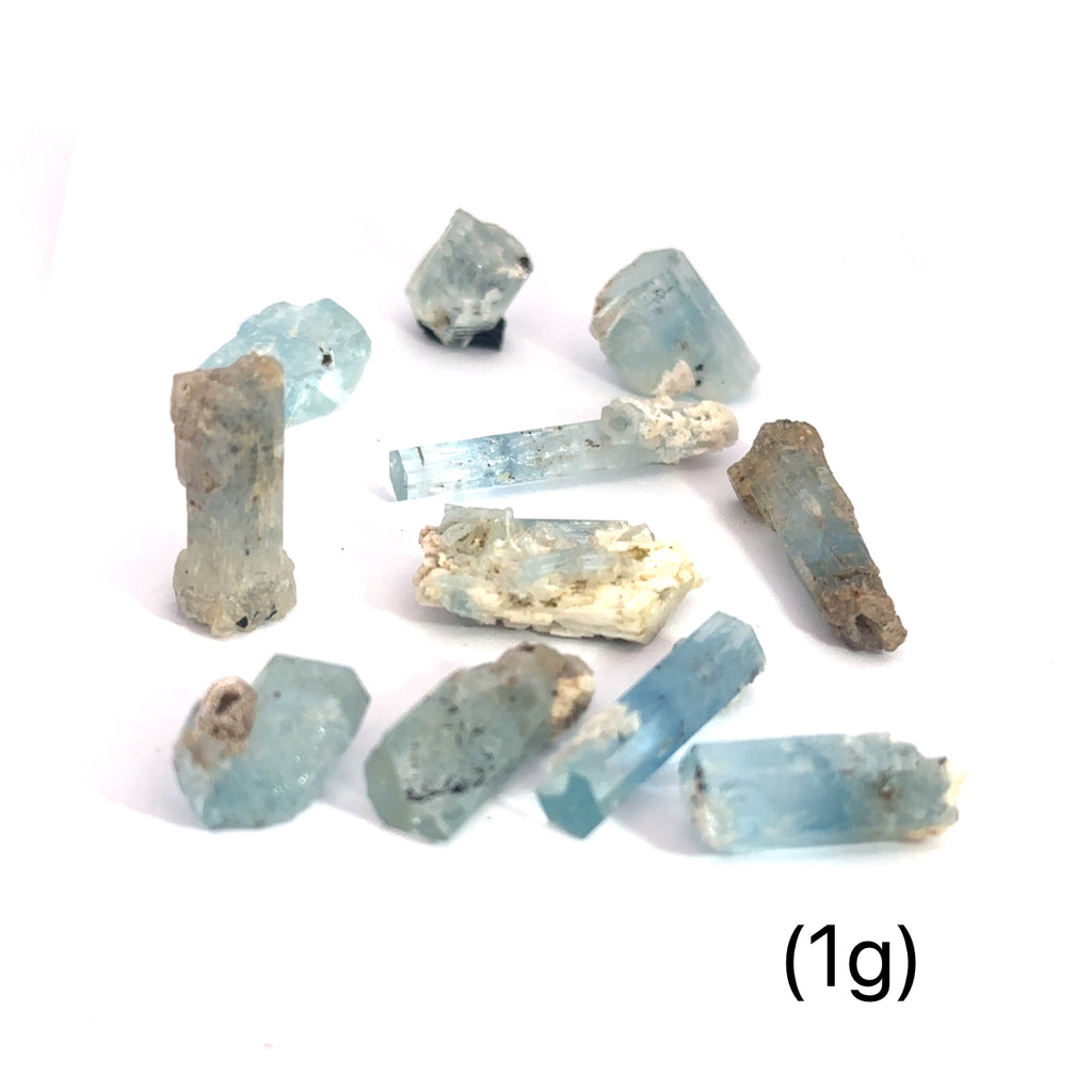 Raw Aquamarine with Schorl Gemstone 1g on white overview 