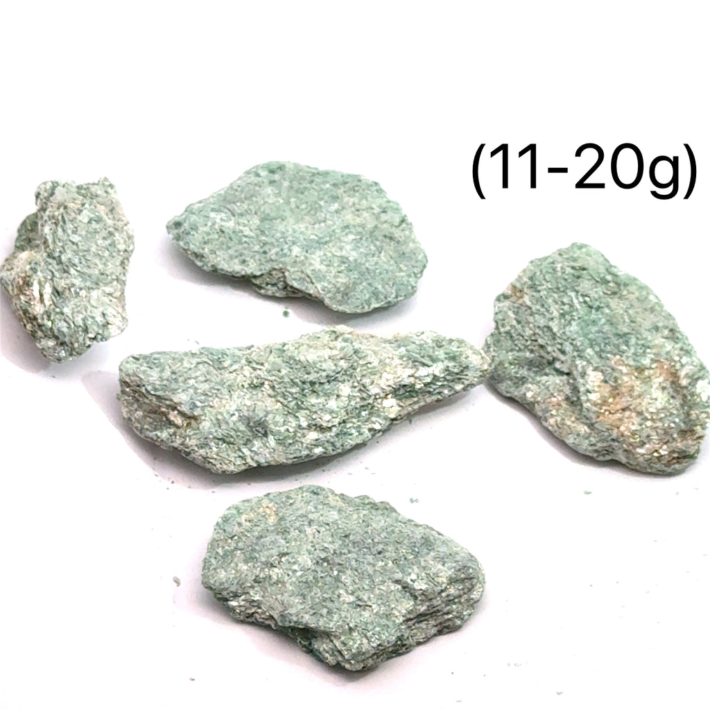 Raw Fuchsite Gemstone grouping on white 11-20g overview 