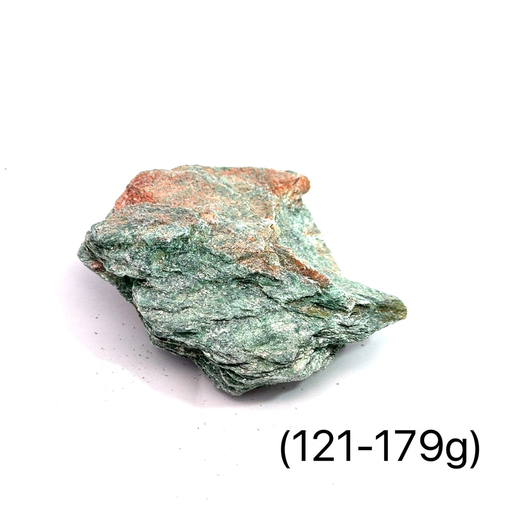 Raw Fuchsite Gemstone grouping on white 121-179g overview 
