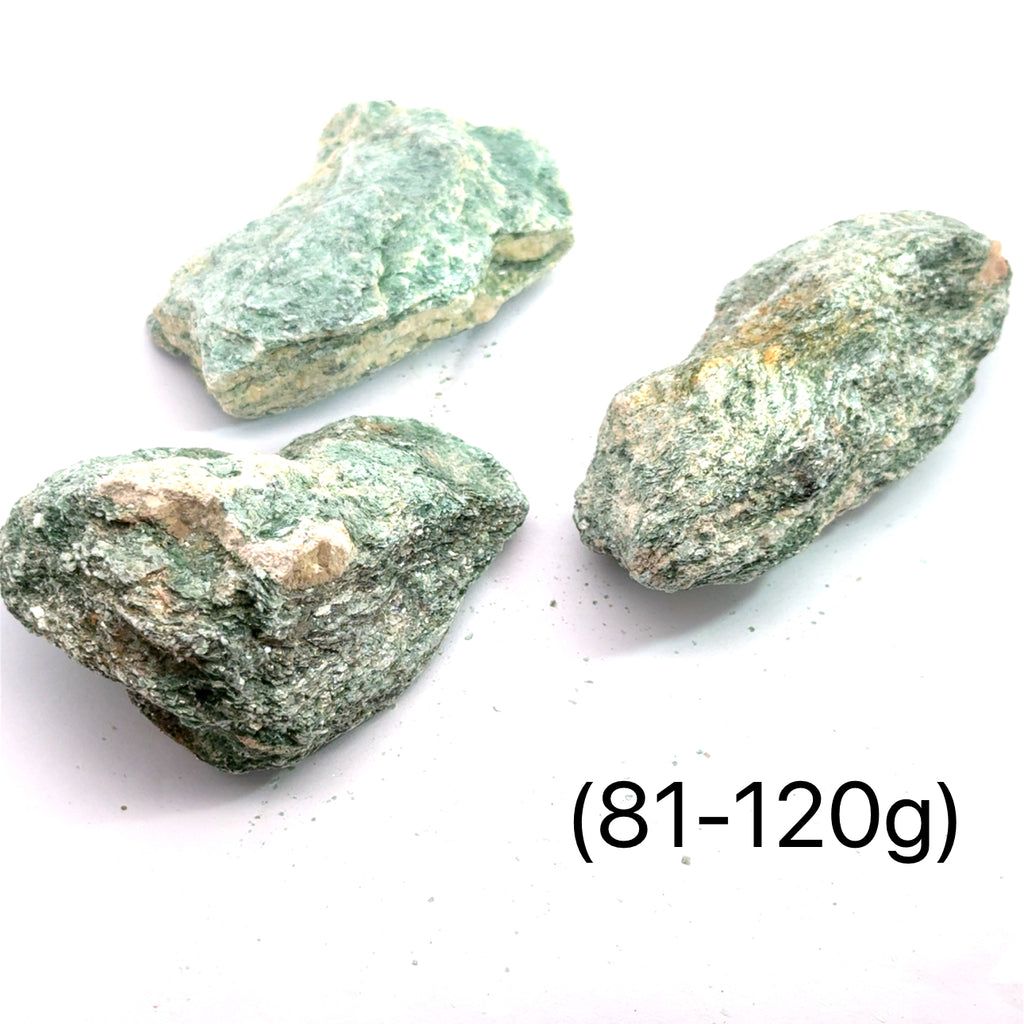 Raw Fuchsite Gemstone grouping on white 81-120g overview 
