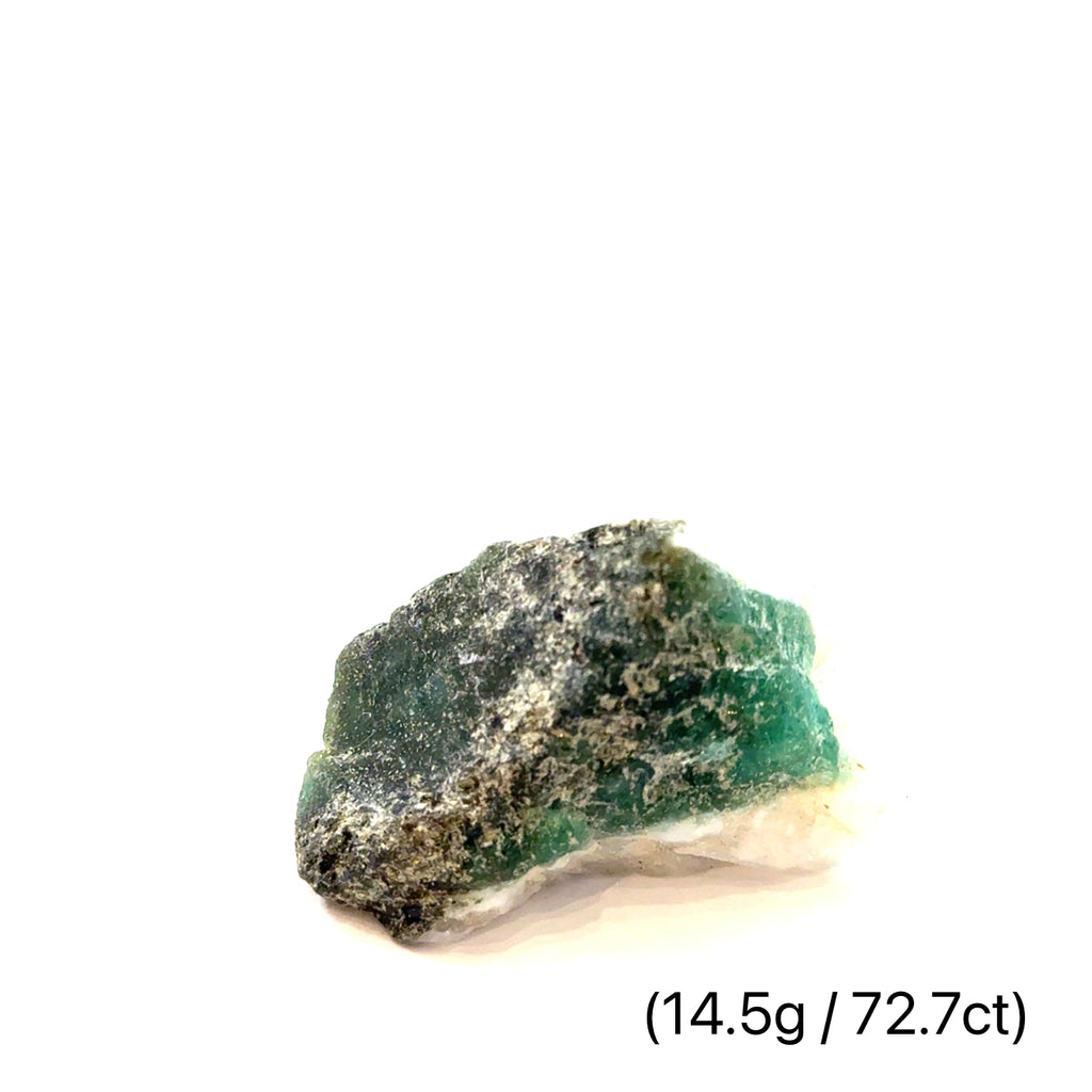 Raw Grade‑A Emerald Gemstone on white 14.5g/72.7ct  overview