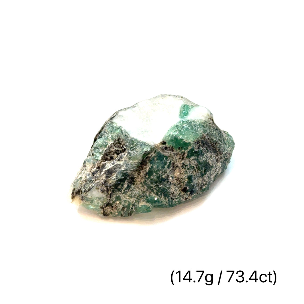 Raw Grade‑A Emerald Gemstone on white 14.7g/73.4ct  overview