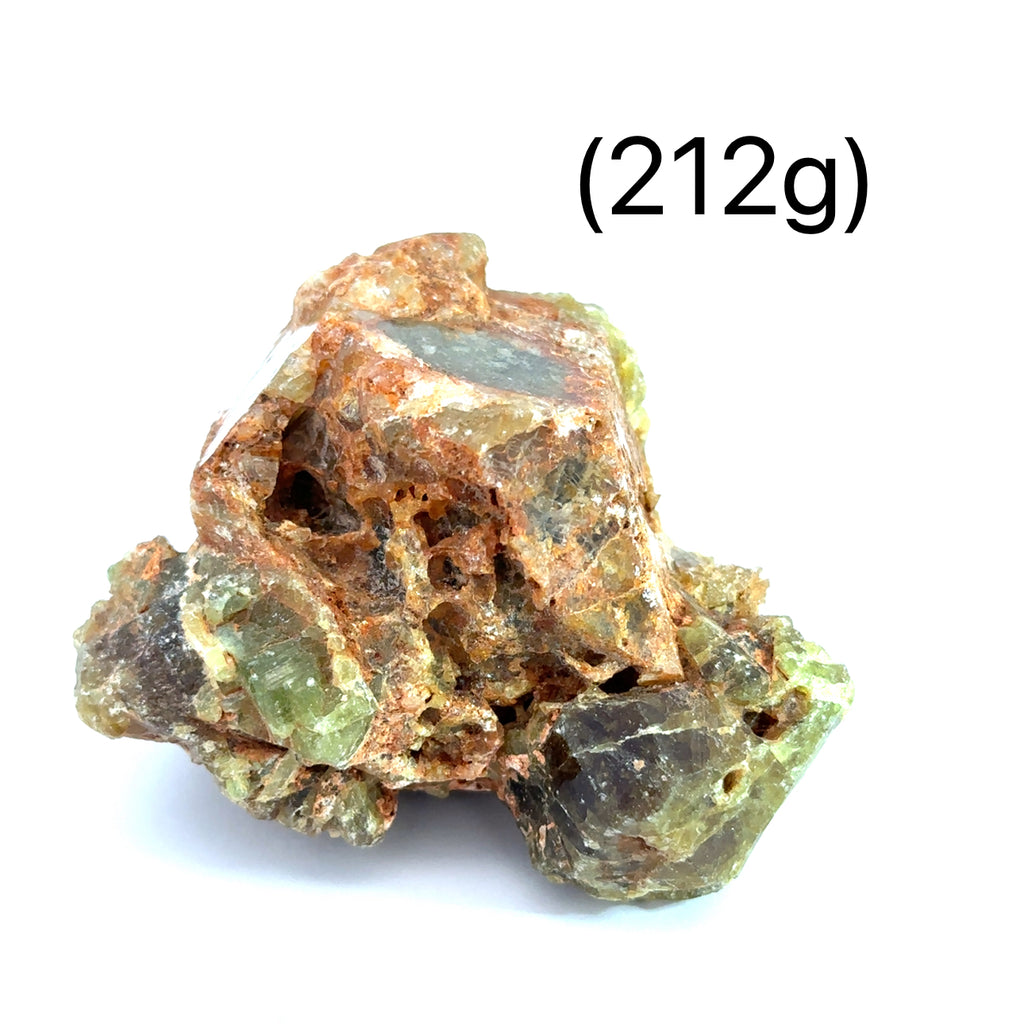 Raw Green Dermatoid Garnet Gemstone grouping  on white (212g) overview