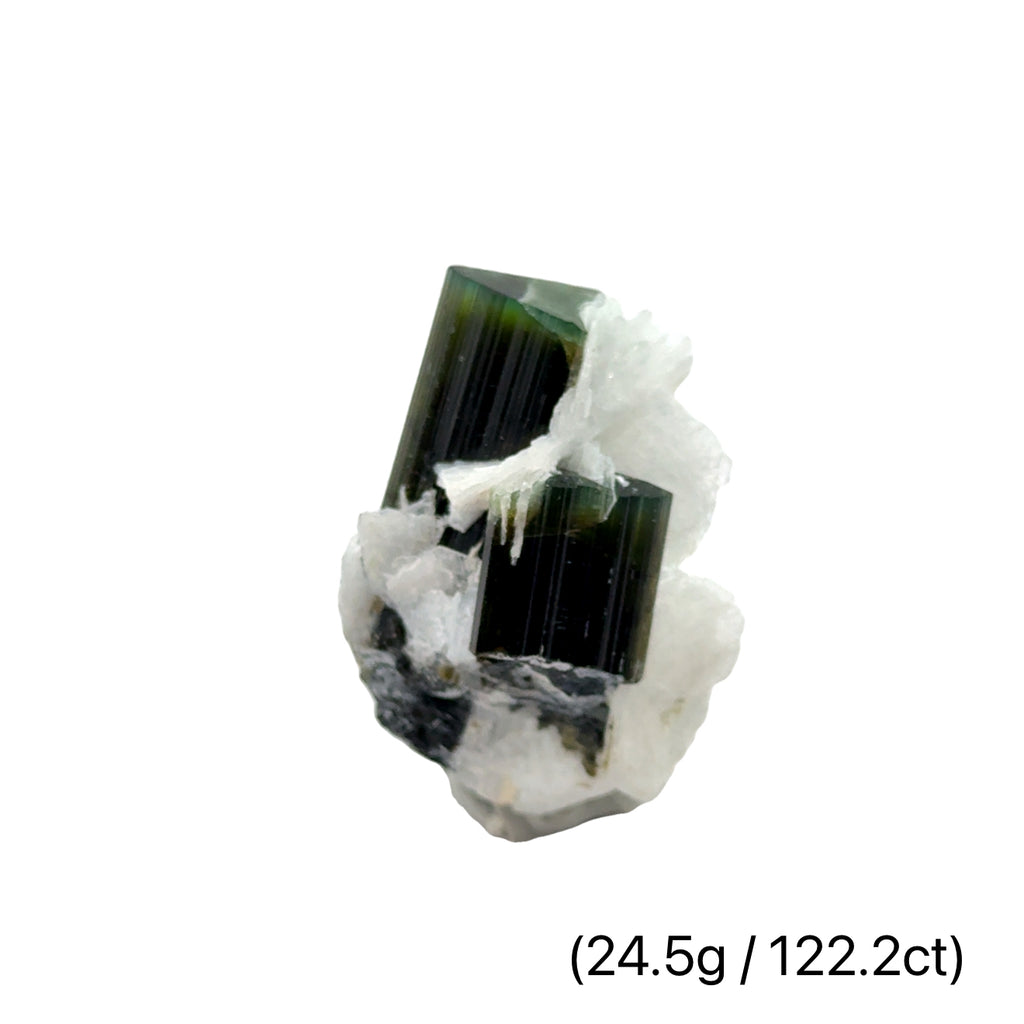 Raw Green Tourmaline with White Barite   24.5g /122.2ct on white front view