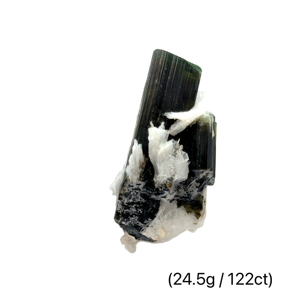 Raw Green Tourmaline with White Barite   24.5g / 122ct on white front view