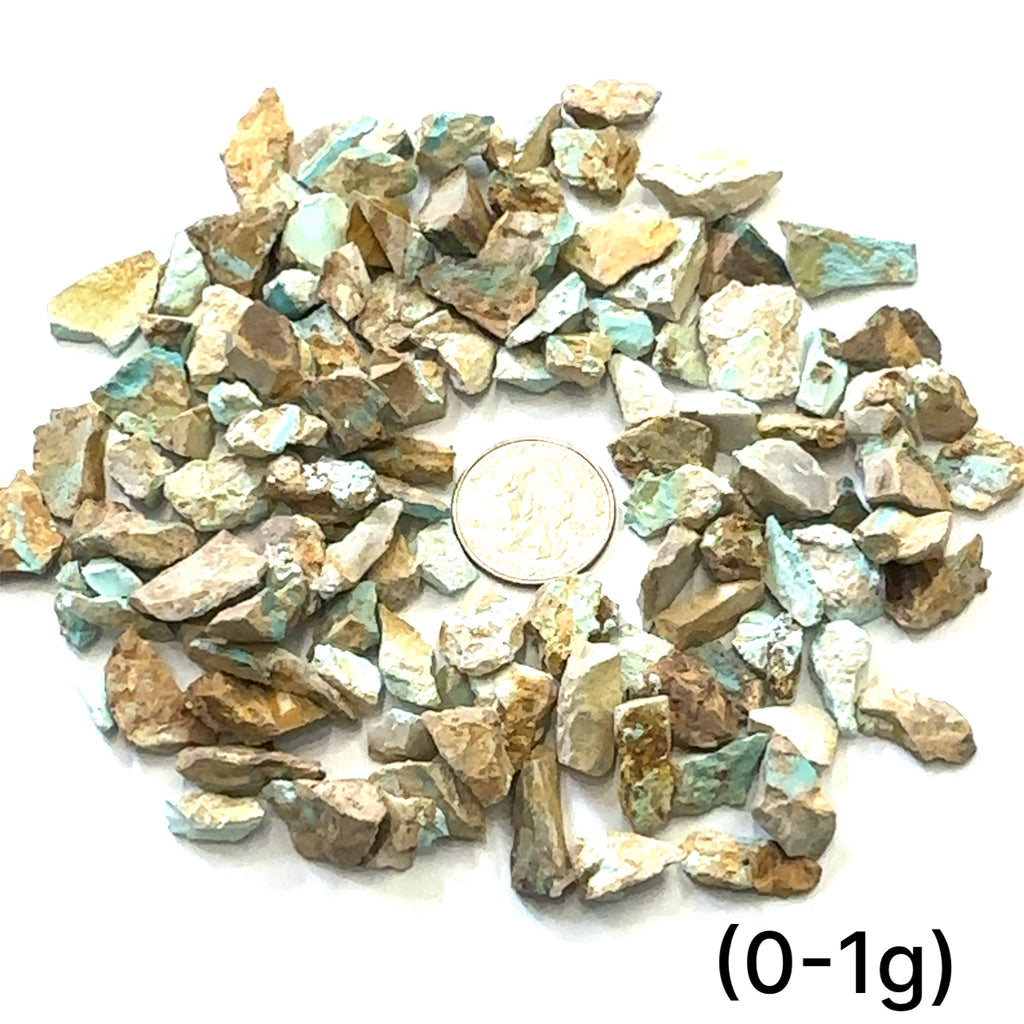Raw Royston Turquoise Gemstone grouping (0-1g) on white overview