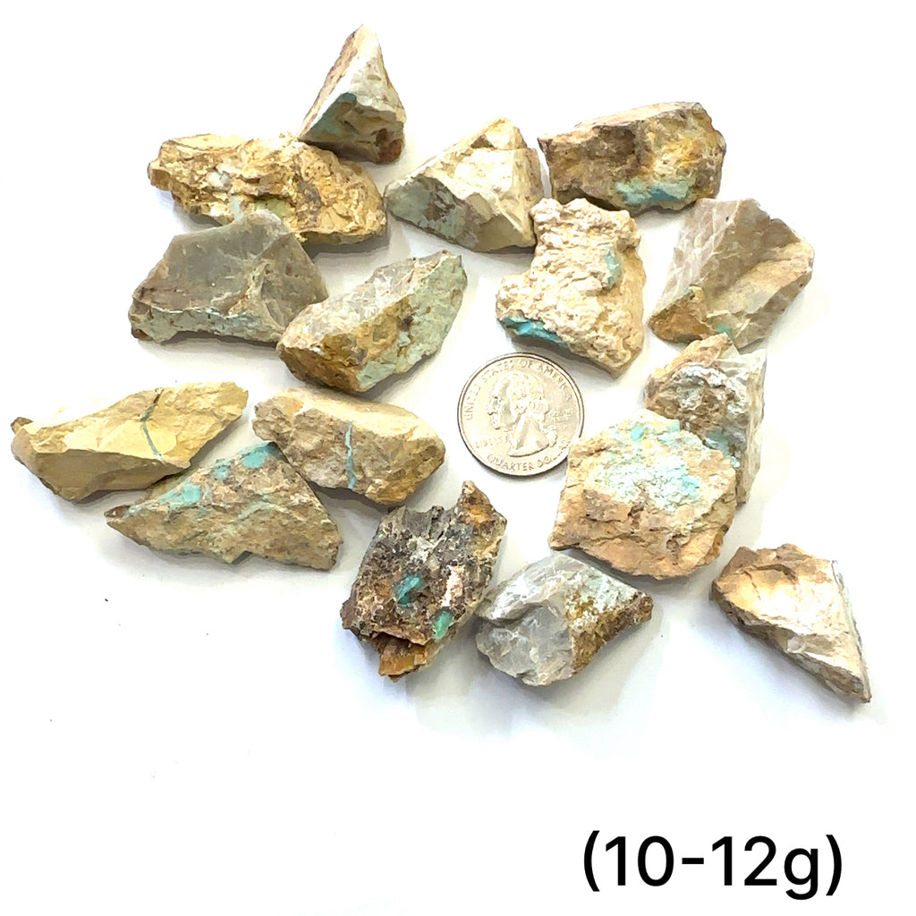 Raw Royston Turquoise Gemstone grouping (10-12g) on white overview