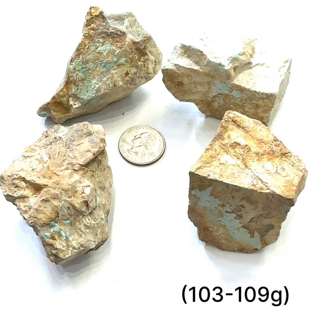 Raw Royston Turquoise Gemstone grouping (103-109g) on white center overview