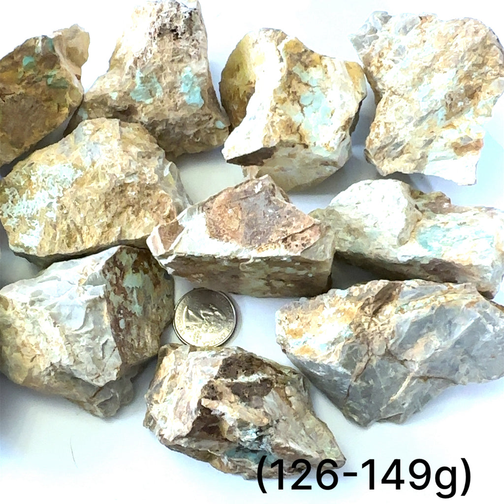 Raw Royston Turquoise Gemstone grouping (126-149g) on white 