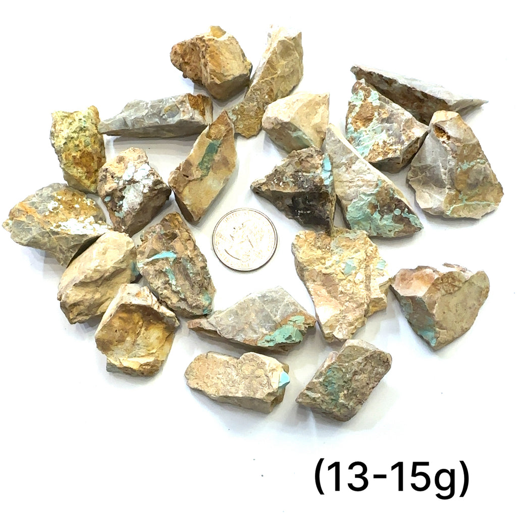 Raw Royston Turquoise Gemstone grouping (13-15g) on white overview