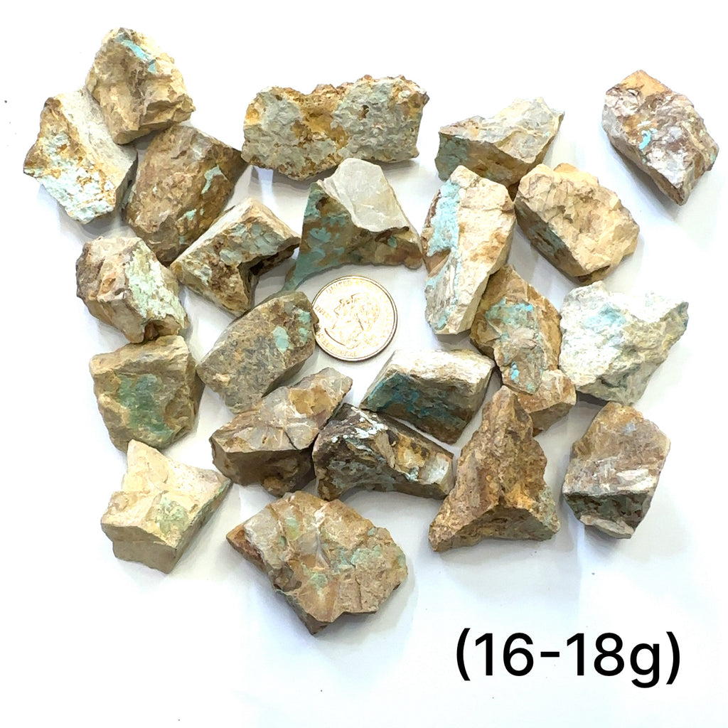 Raw Royston Turquoise Gemstone grouping (16-18g) on white overview