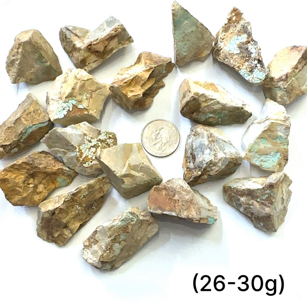 Raw Royston Turquoise Gemstone grouping (26-30g) on white overview
