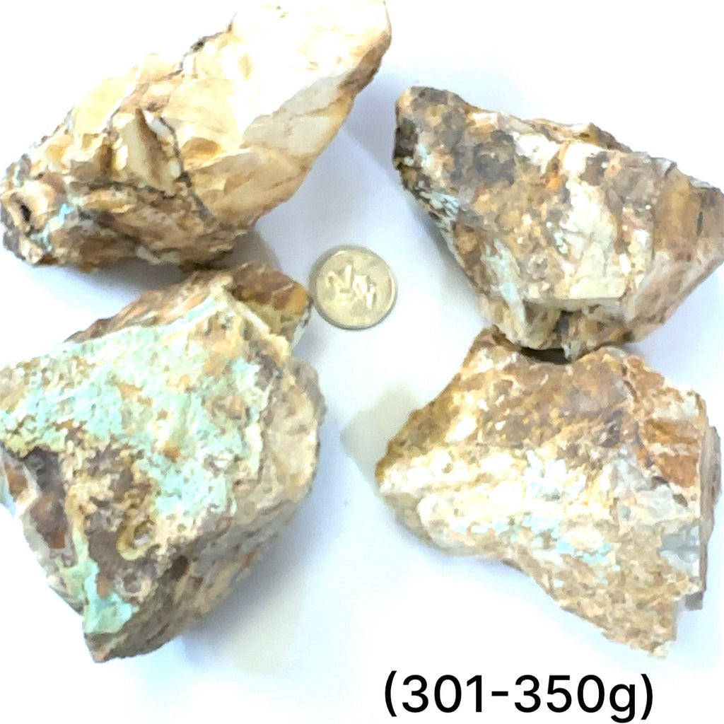 Raw Royston Turquoise Gemstone grouping (301-350g) on white center overview