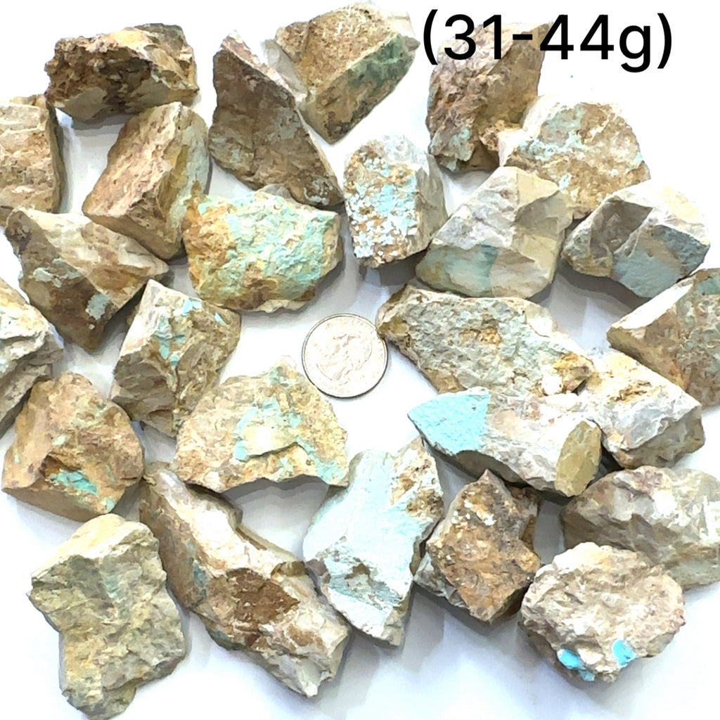 Raw Royston Turquoise Gemstone grouping (31-44g) on white overview