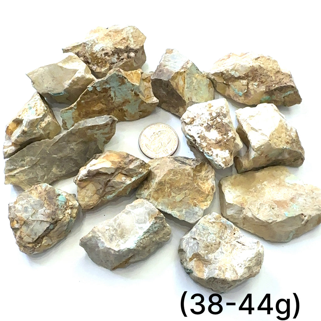 Raw Royston Turquoise Gemstone grouping (38-44g) on white overview