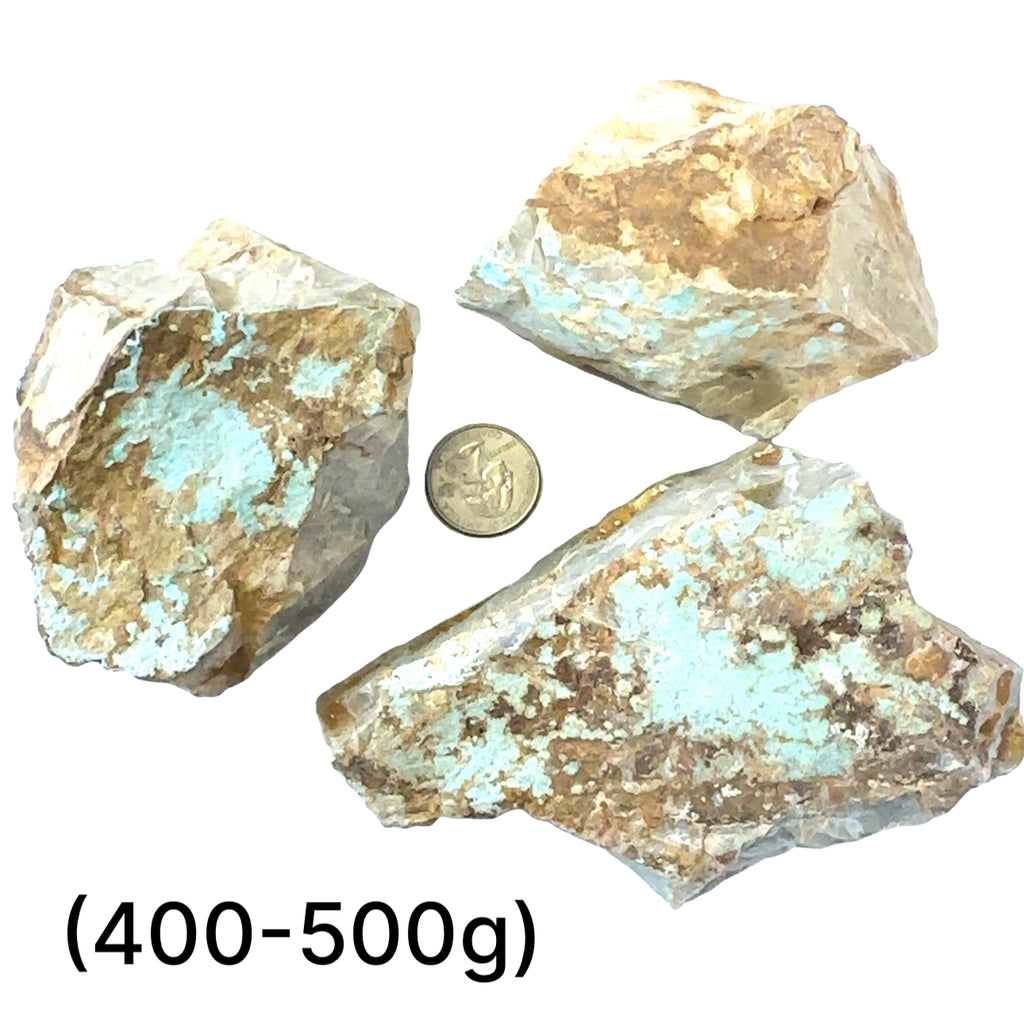 Raw Royston Turquoise Gemstone grouping (400-500g) on white center overview