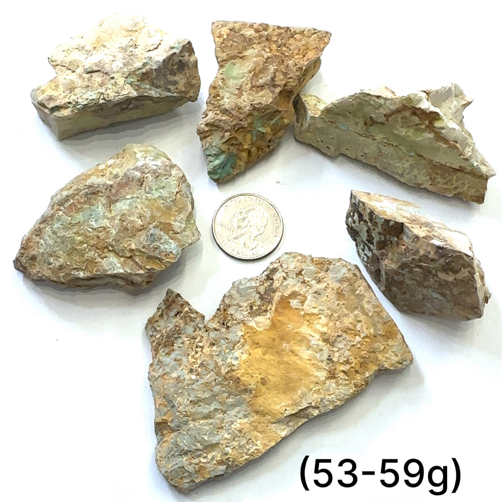 Raw Royston Turquoise Gemstone grouping (53-59g) on white overview