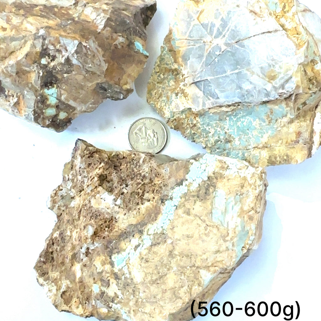 Raw Royston Turquoise Gemstone grouping (560-600g) on white center overview