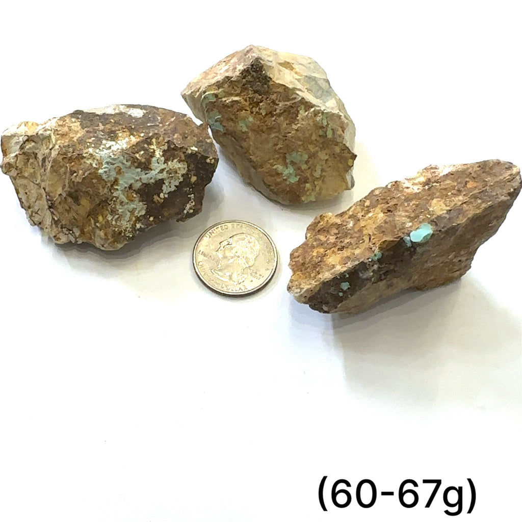 Raw Royston Turquoise Gemstone grouping (60-67g) on white overview