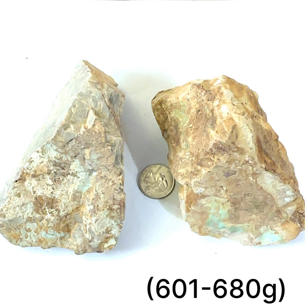 Raw Royston Turquoise Gemstone grouping (601-680g) on white center overview