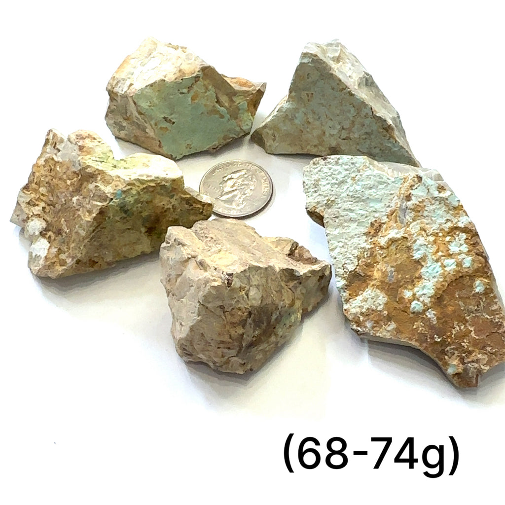 Raw Royston Turquoise Gemstone grouping (68-75g) on white overview