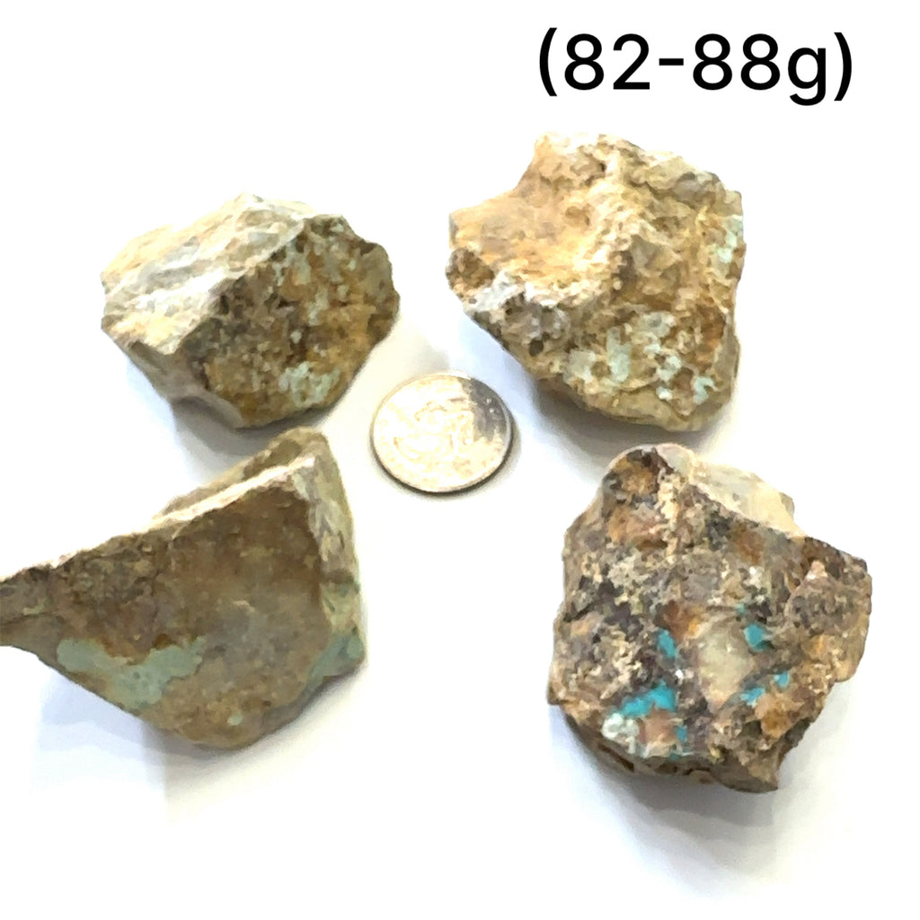 Raw Royston Turquoise Gemstone grouping (82-88g) on white overview