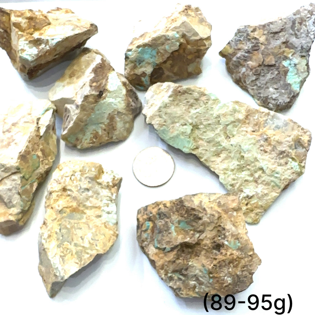 Raw Royston Turquoise Gemstone grouping (89-95g) on white overview